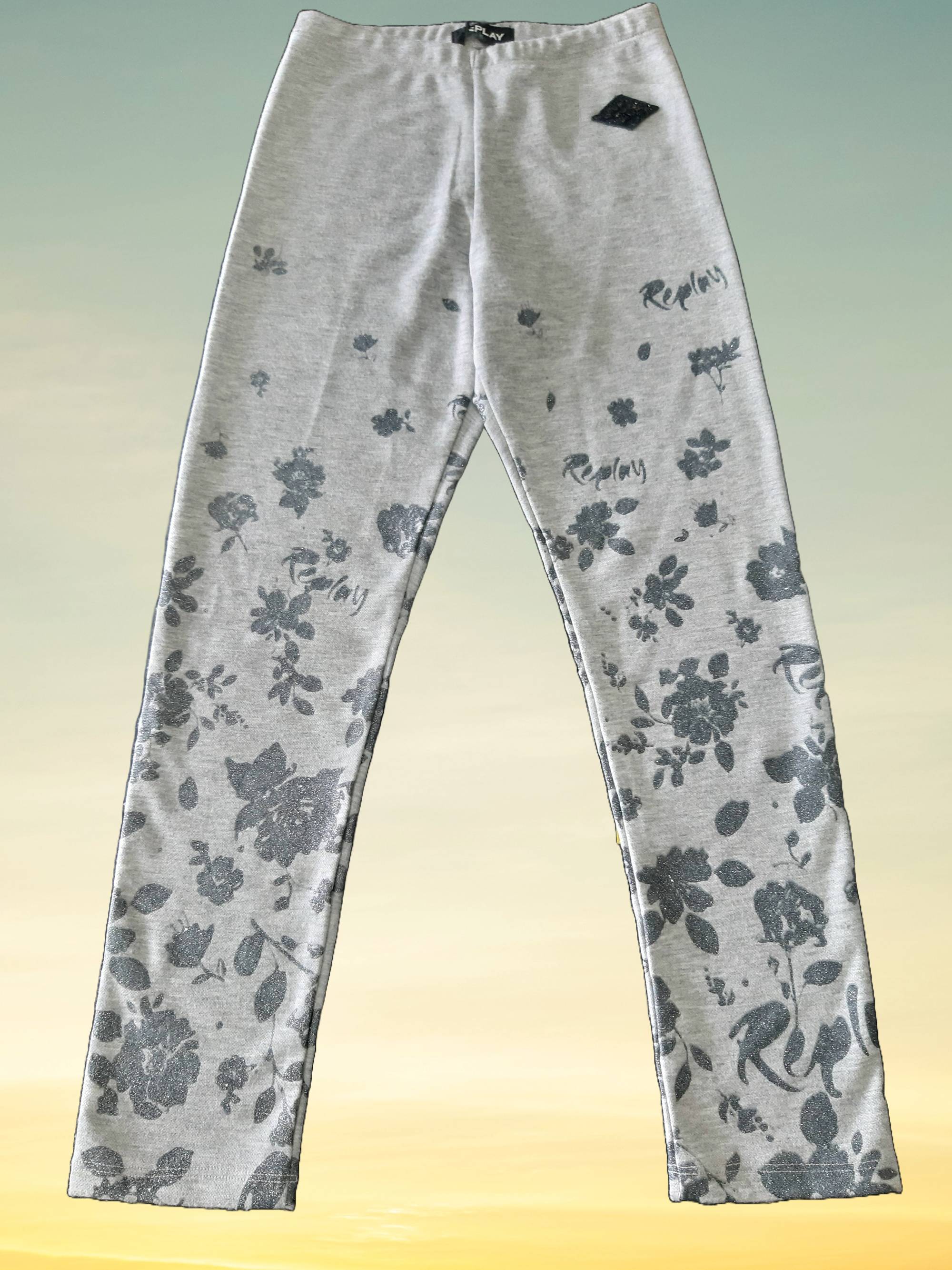 Children's elastic leggings with Replay applique, gray 