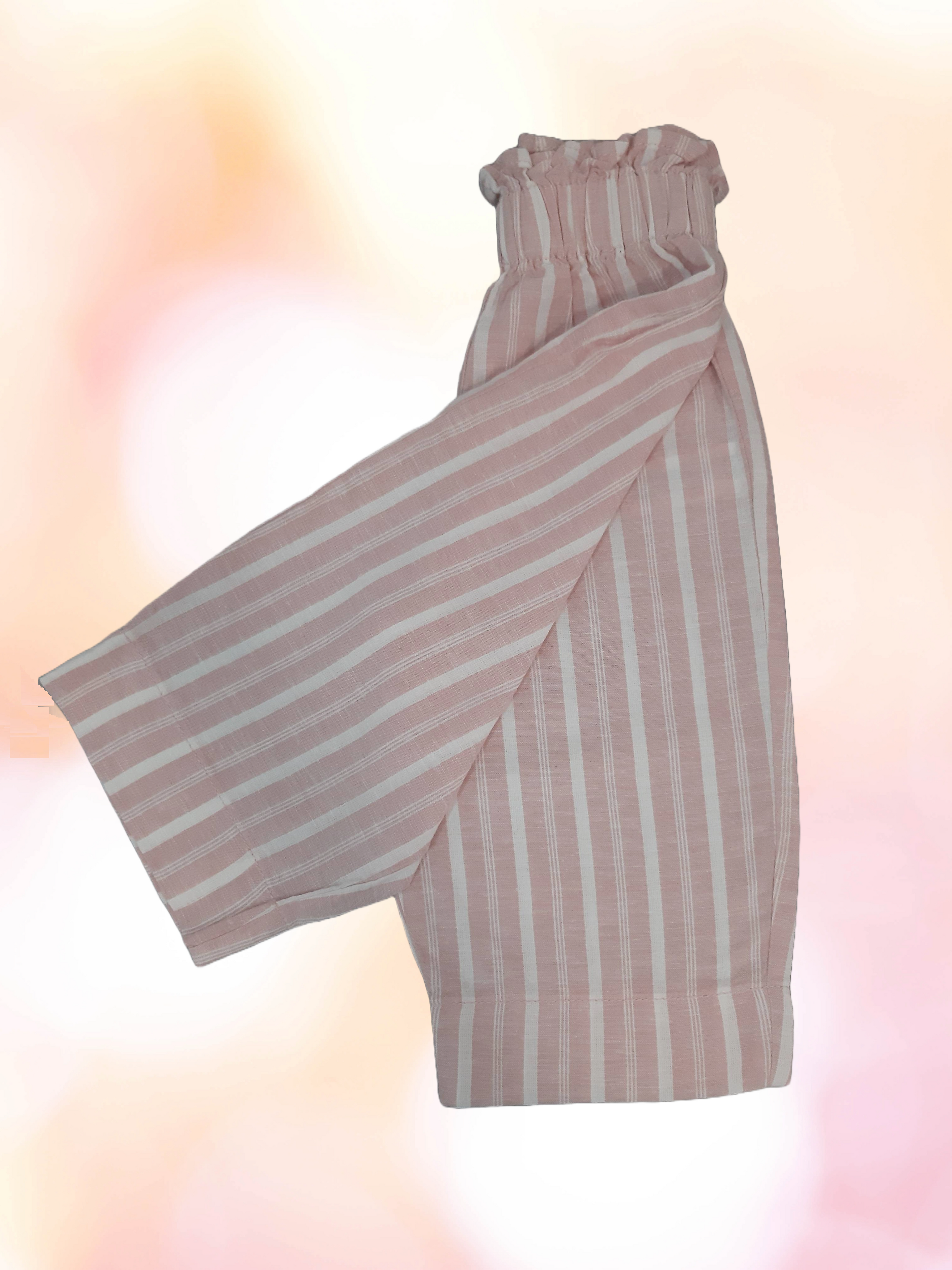 Children's linen and cotton pants for girls, pink and white stripes 