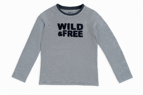 Детска памучна блуза с дълъг ръкав, сиьо-бяло райе с принт WILD & FREE