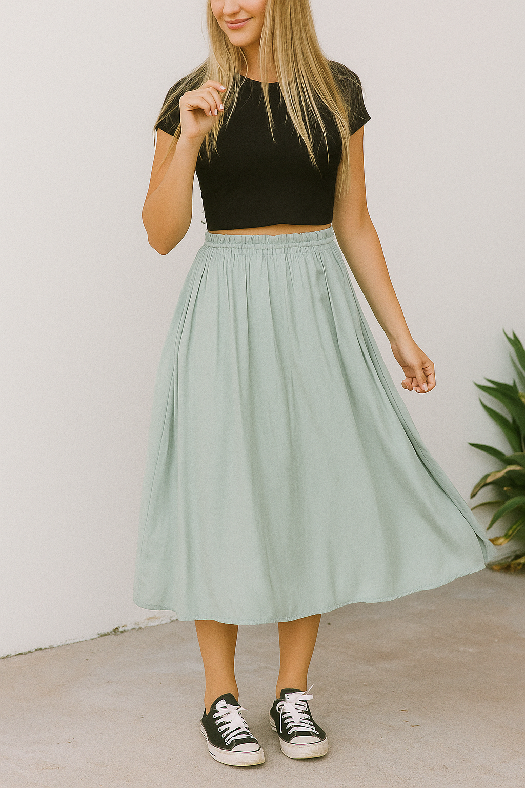 Cartton Summer satin skirt mid-length, green