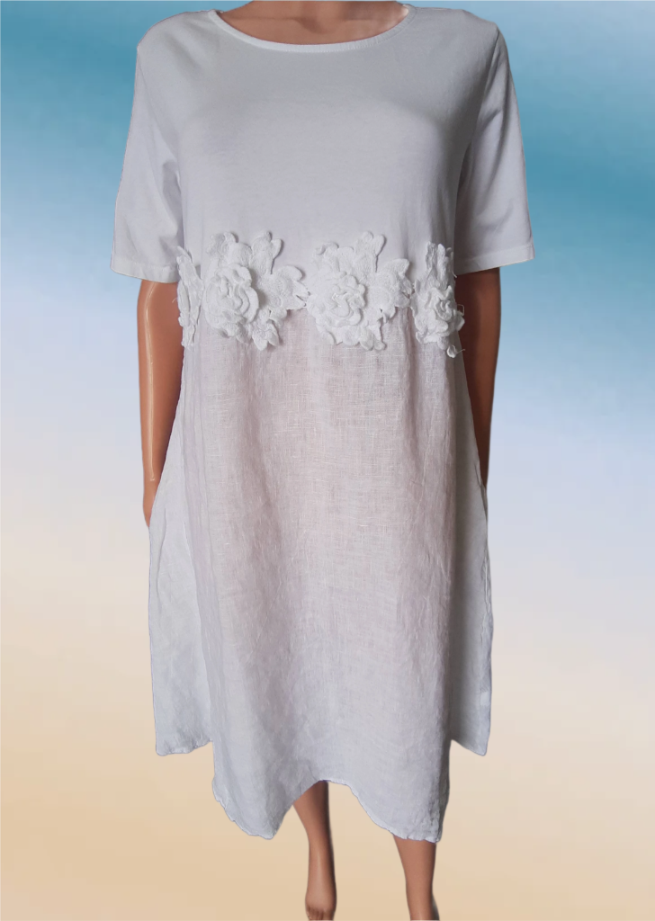 Women's linen dress with floral appliqués, collection 2025