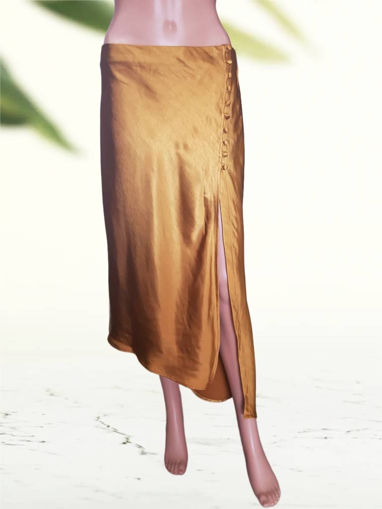 Satin asymmetrical skirt with slit, gold