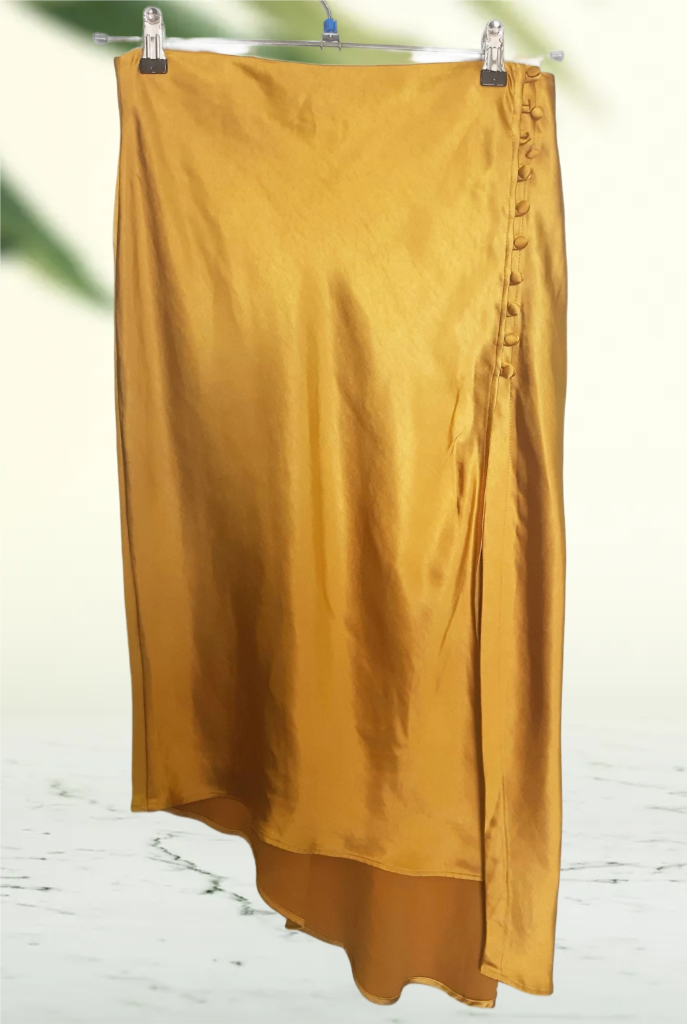 Satin asymmetrical skirt with slit, gold