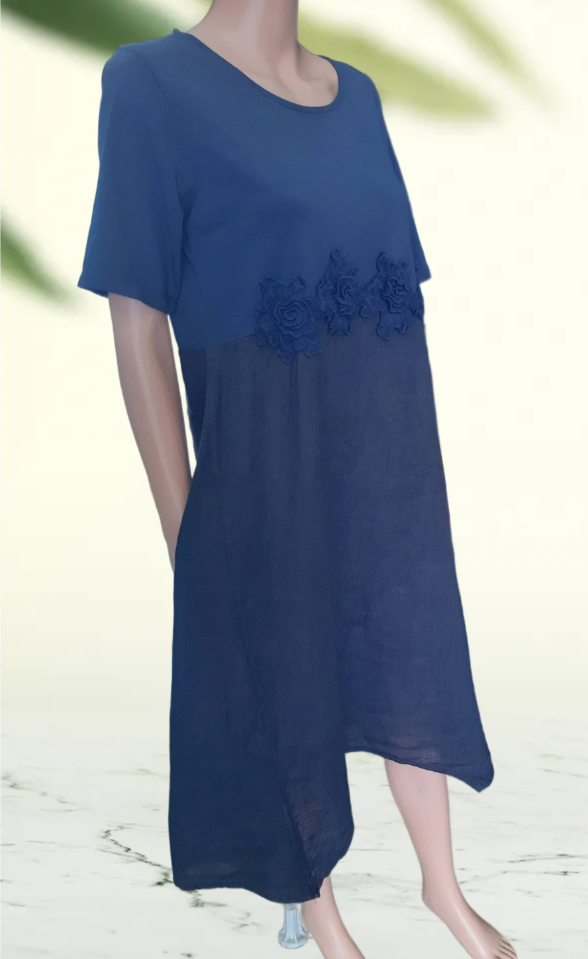 Women's blue linen dress with floral appliqués, collection 2025