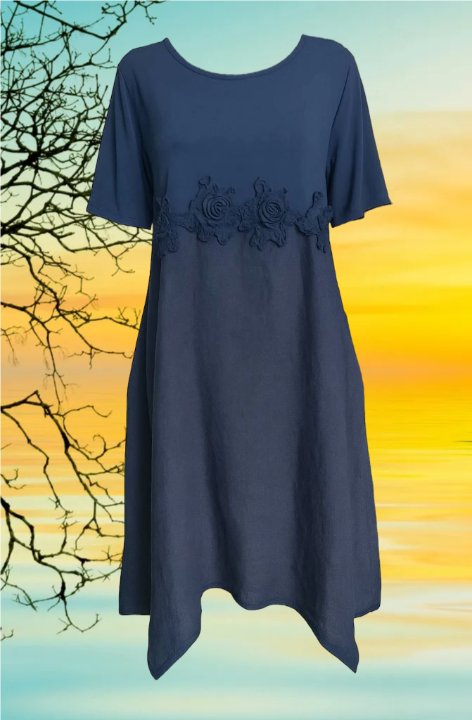Women's blue linen dress with floral appliqués, collection 2025