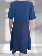 Women's blue linen dress with floral appliqués, collection 2025