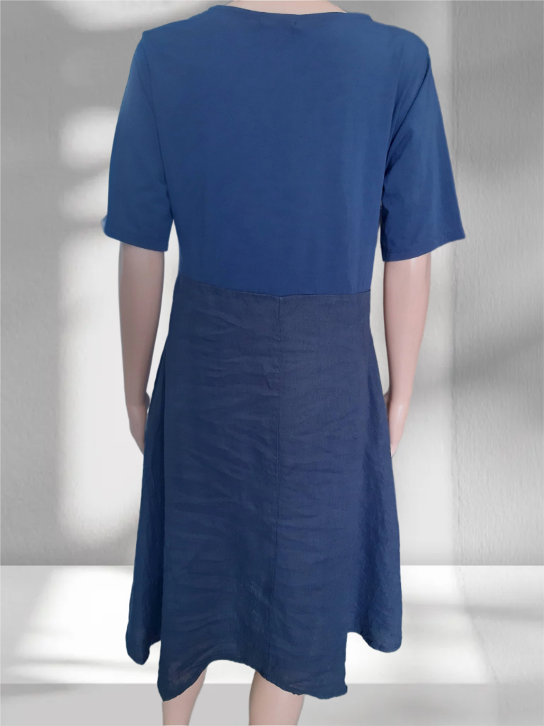 Women's blue linen dress with floral appliqués, collection 2025