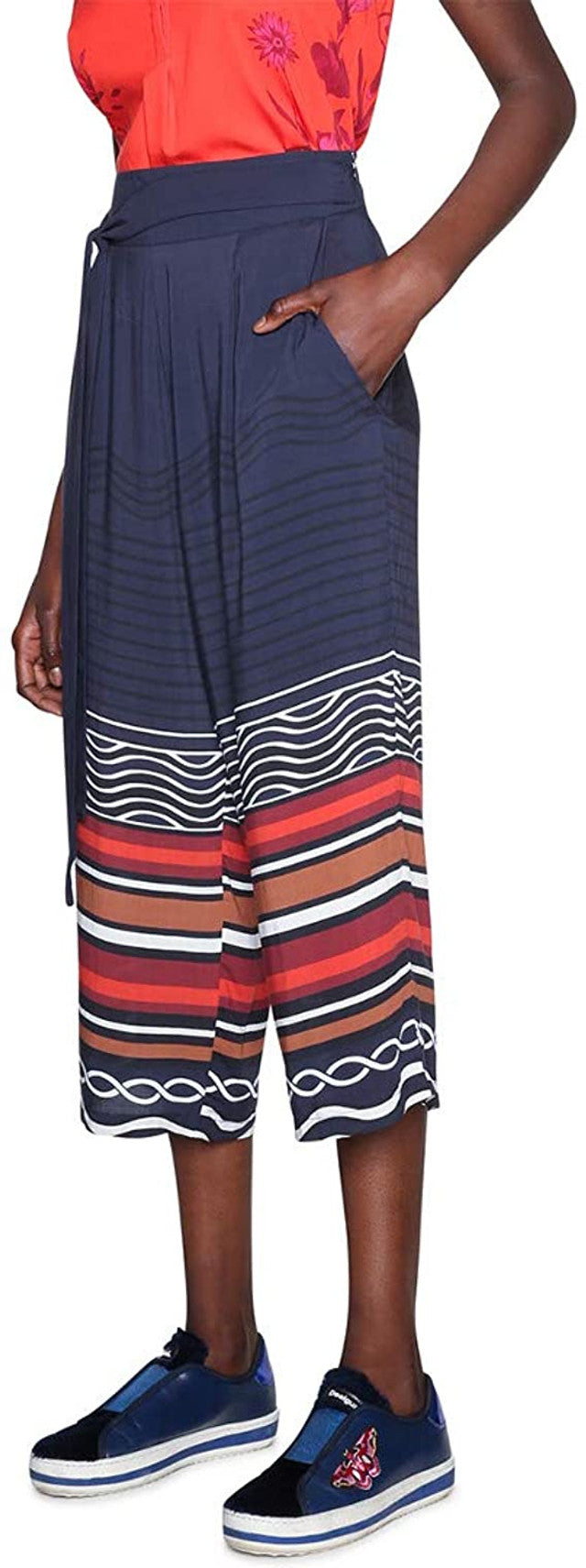 Desigual women's wide-leg pants, dark blue with colorful patterns