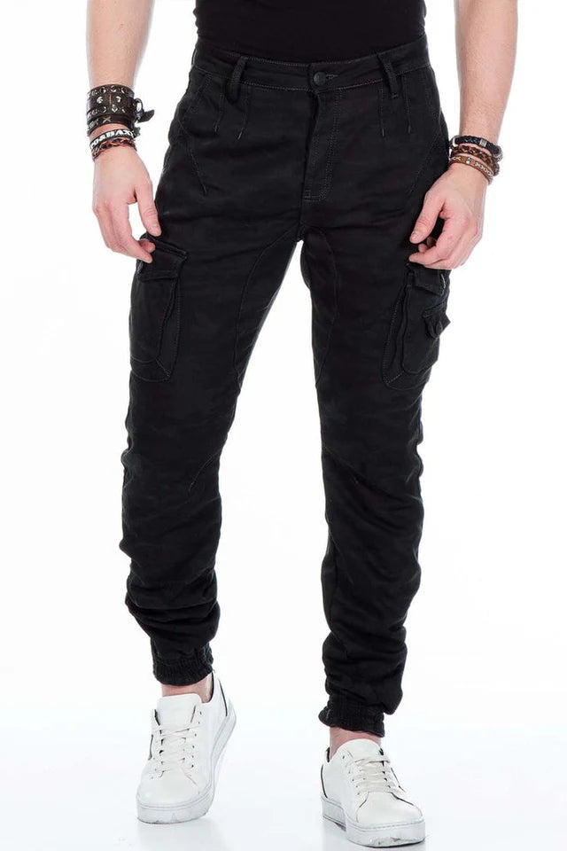 Men's camouflage pants with elastic hem and fitted leg, black