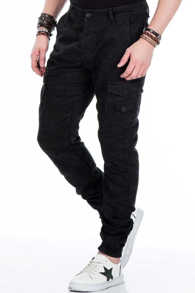 Men's camouflage pants with elastic hem and fitted leg, black