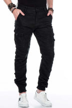 Men's camouflage pants with elastic hem and fitted leg, black