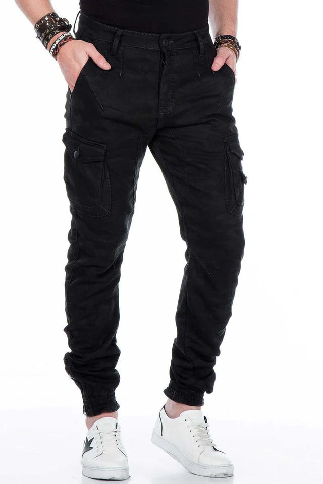 Men's camouflage pants with elastic hem and fitted leg, black