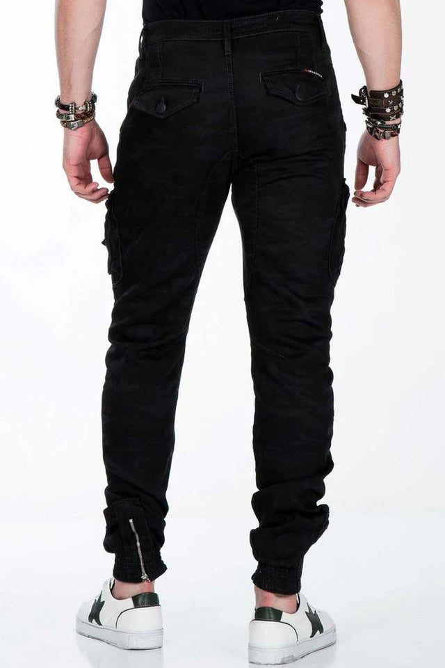 Men's camouflage pants with elastic hem and fitted leg, black