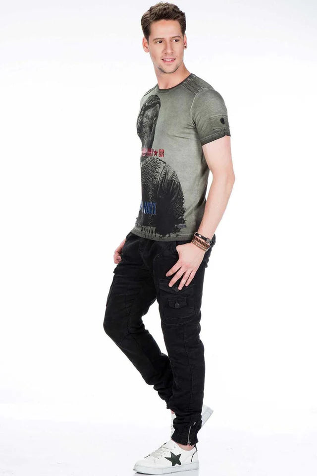Men's camouflage pants with elastic hem and fitted leg, black