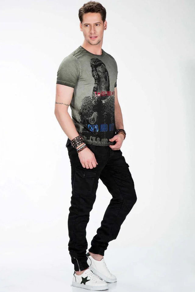 Men's camouflage pants with elastic hem and fitted leg, black