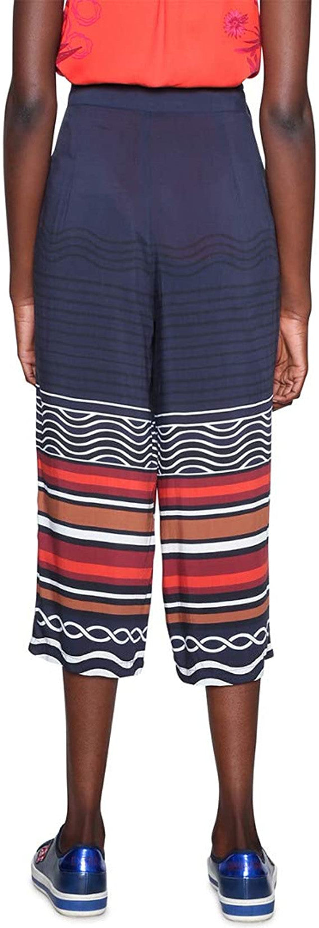 Desigual women's wide-leg pants, dark blue with colorful patterns