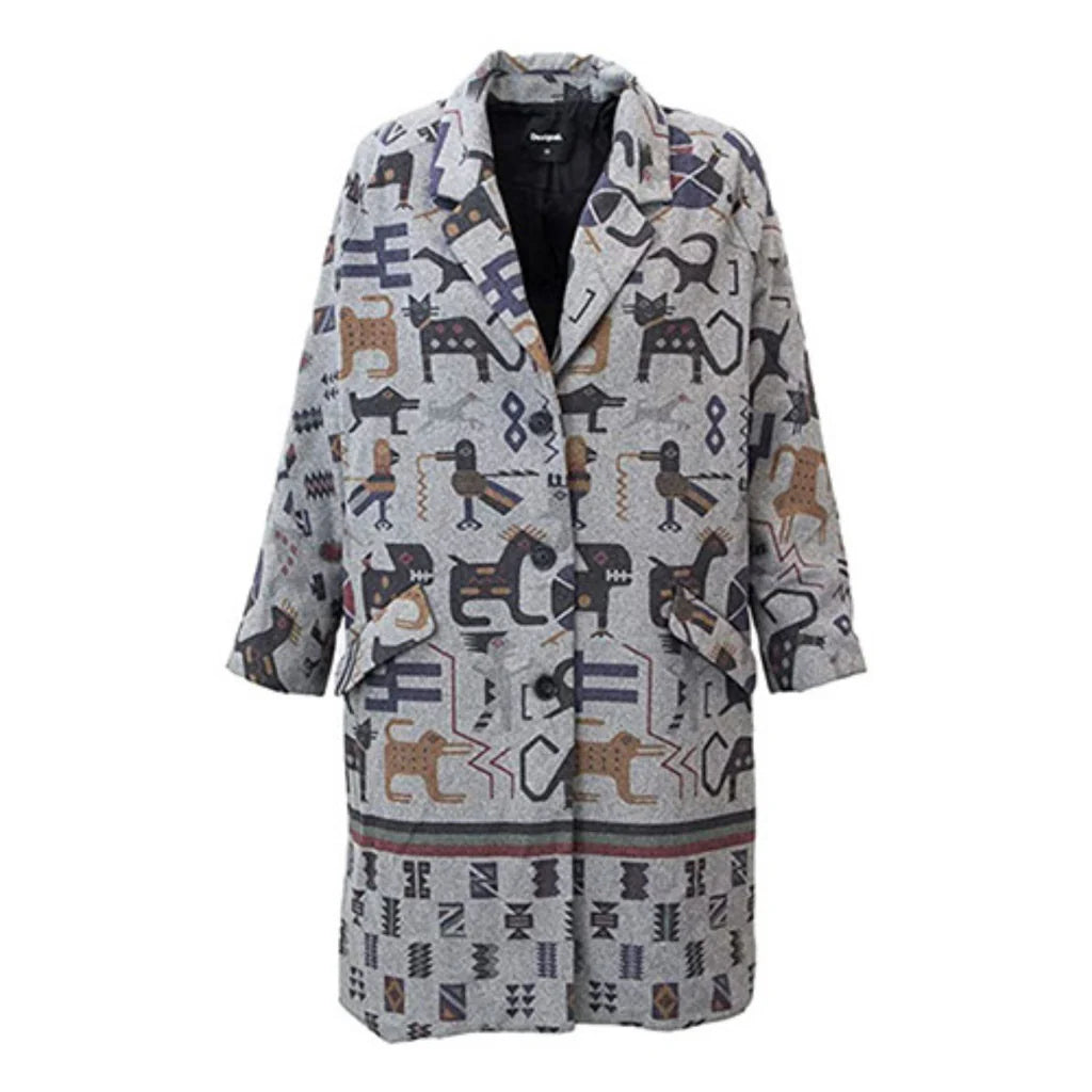 Desigual Дасмко Есенно-Зимно палто, сиво с принт на животни, 46