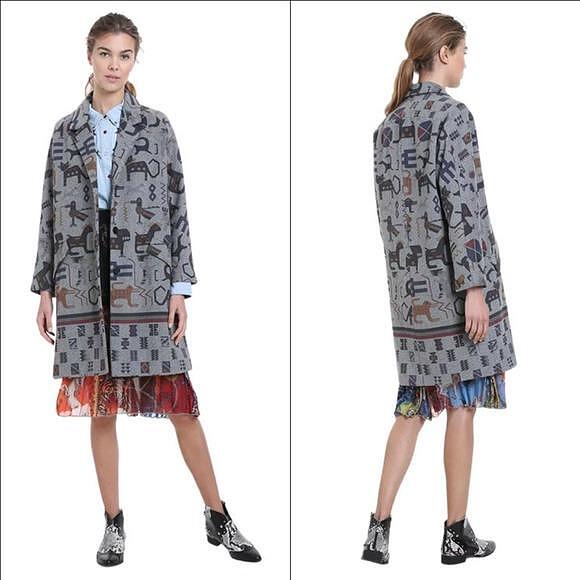 Desigual Дасмко Есенно-Зимно палто, сиво с принт на животни, 46