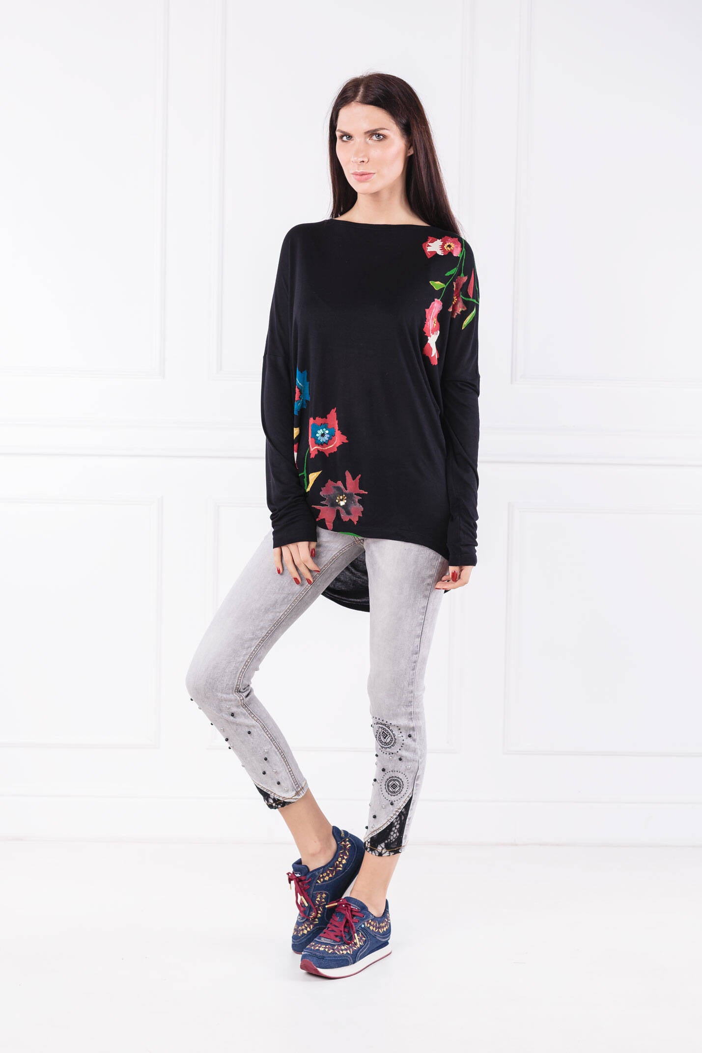 DESIGUAL Дамска елегантна блуза, черна с щампа цветя
