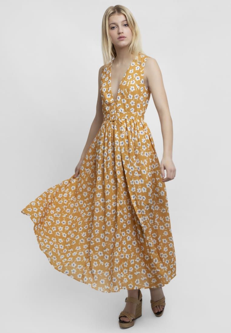 Apart Women's flared summer long dress, yellow with white flowers