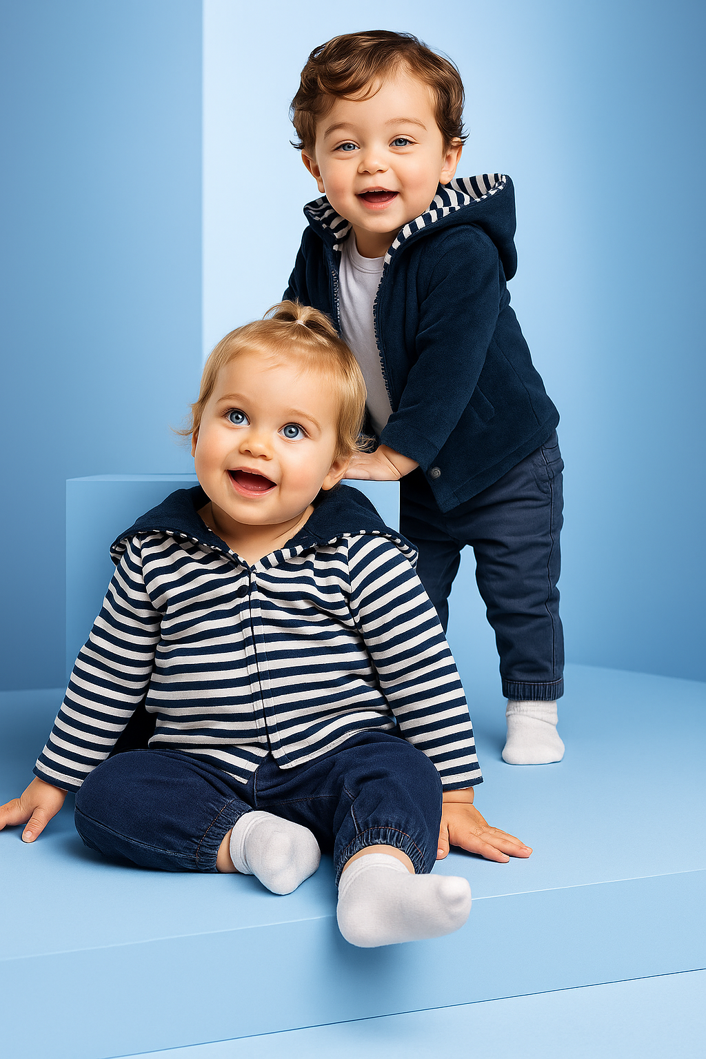 Set of 2 children's long-sleeved T-shirts, blue 