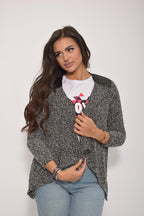 Women's knitted cardigan Haylis with leather accents, black-gray melange