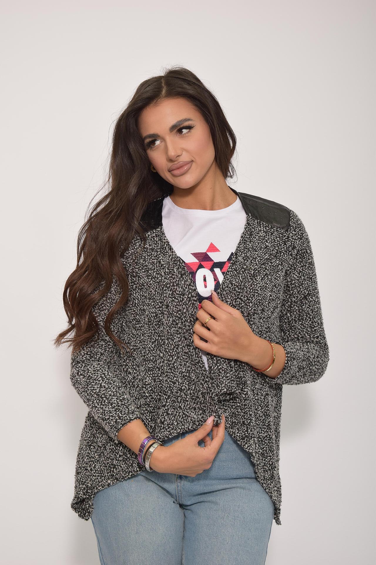 Women's knitted cardigan Haylis with leather accents, black-gray melange
