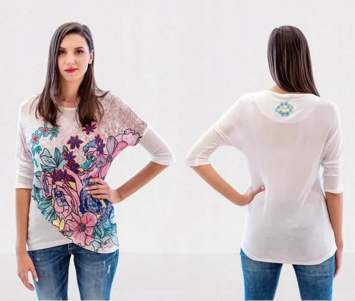 Desigual Дамска блуза с дълъг ръкав, бяла с щампа и пайети