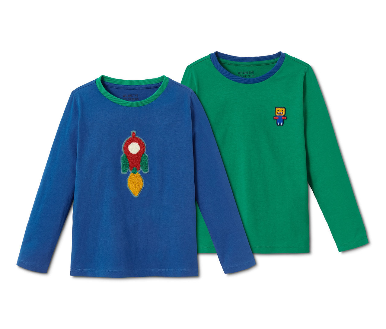 Set of 2 children's long-sleeved T-shirts, blue and green 