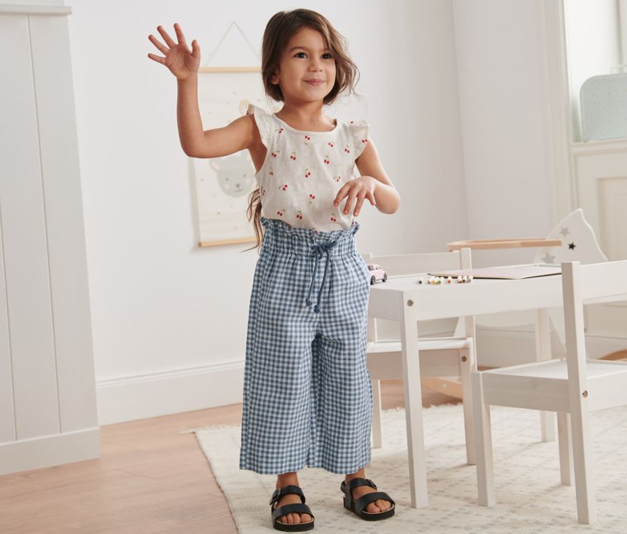 Children's cotton and linen trousers, gray and white check 