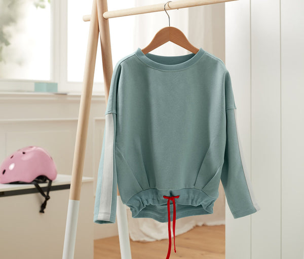 Children's cotton sweatshirt with hood, blue/multicolored 