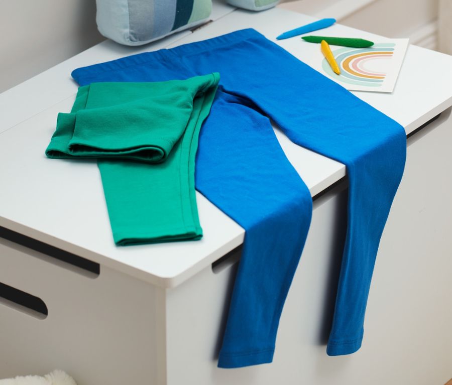 Set of 2 children's cotton leggings, blue and green 