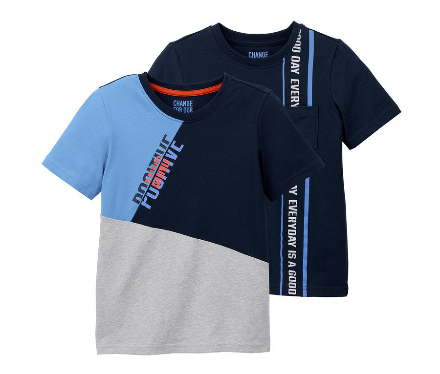 Set of 2 children's organic cotton T-shirts, blue with print 