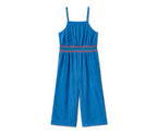 Organic cotton jumpsuit for girls, blue with embroidery 