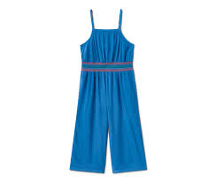 Organic cotton jumpsuit for girls, blue with embroidery 