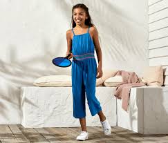 Organic cotton jumpsuit for girls, blue with embroidery 