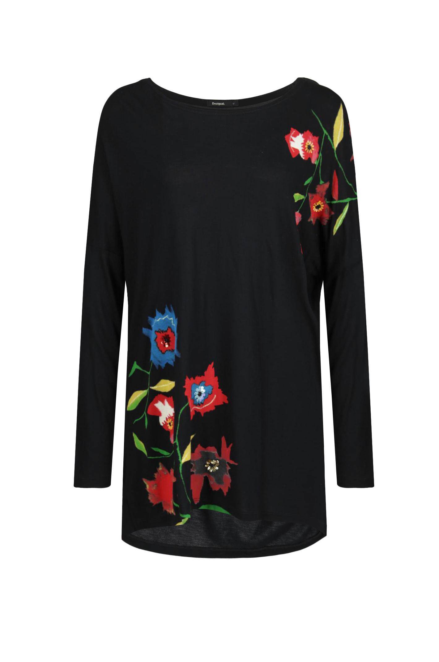 DESIGUAL Дамска елегантна блуза, черна с щампа цветя