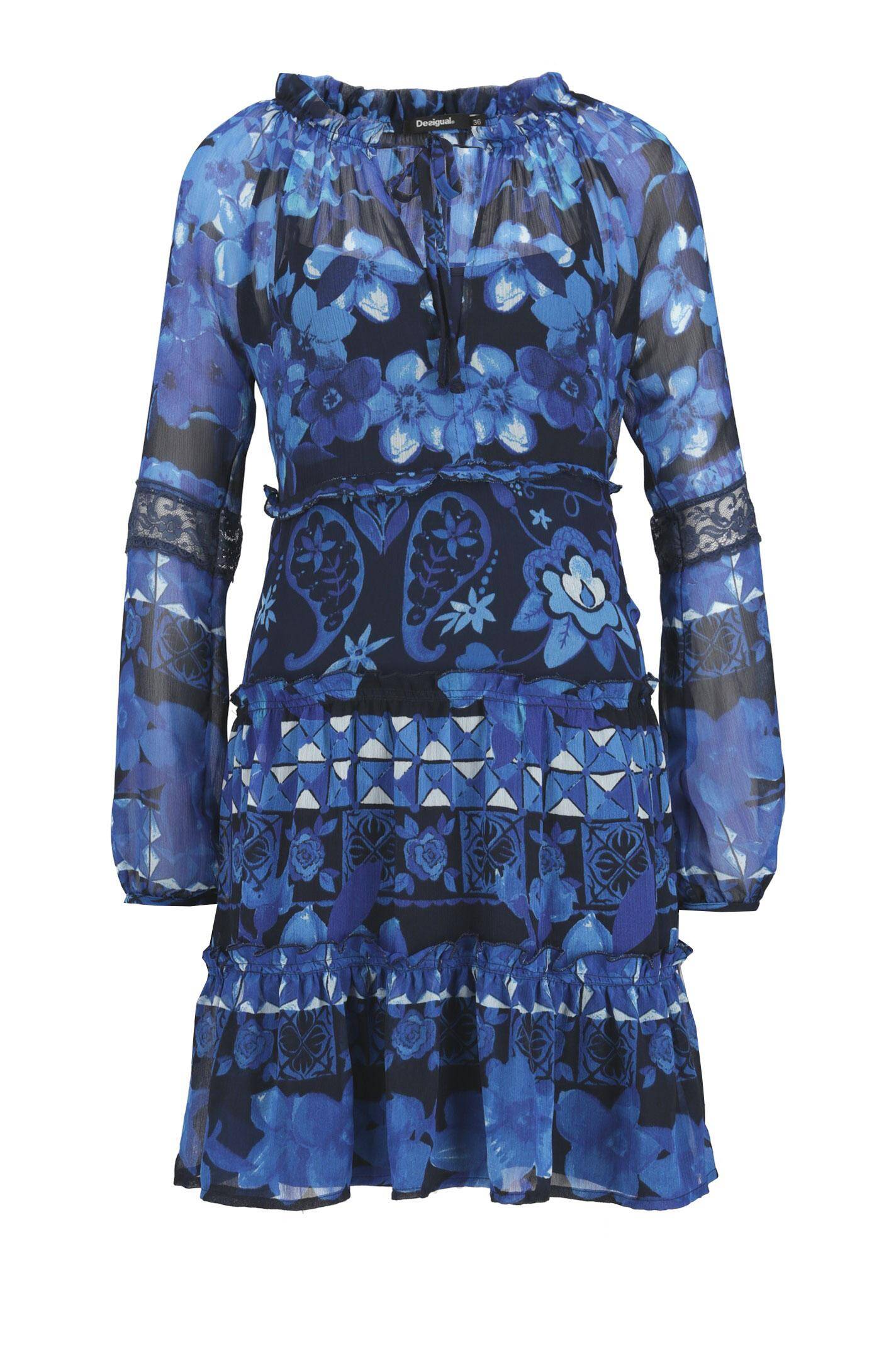 Desigual Women's elegant dress Linda, blue with floral motifs
