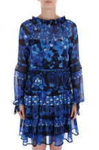 Desigual Women's elegant dress Linda, blue with floral motifs