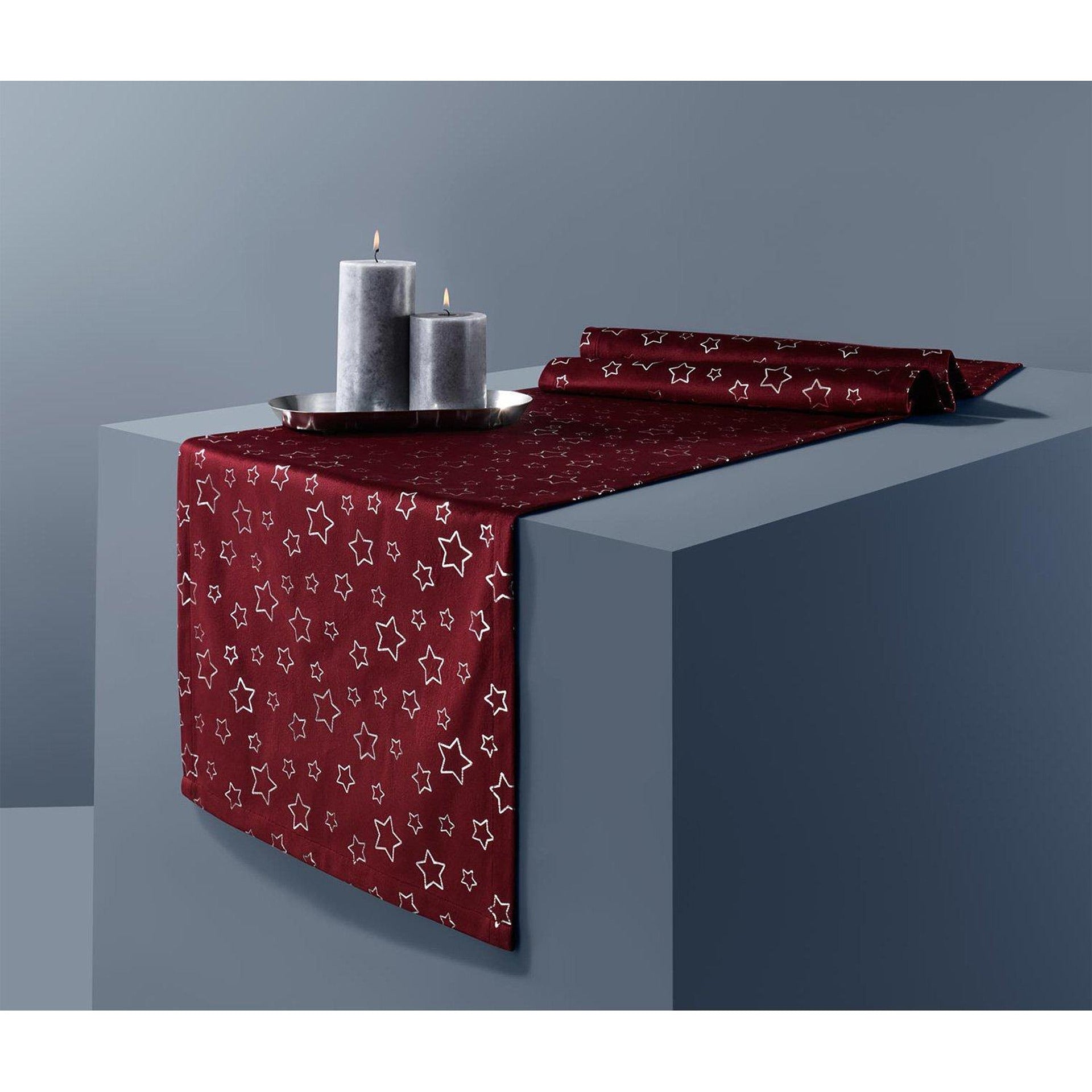 Velvet tablecloth, dark red with silver stars 40 x 180 cm