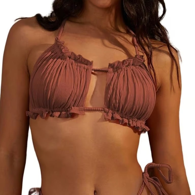 Zaful Embossed Ruffle Swimsuit Summer 2025, Brown