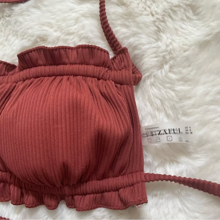 Zaful Embossed Ruffle Swimsuit Summer 2025, Brown