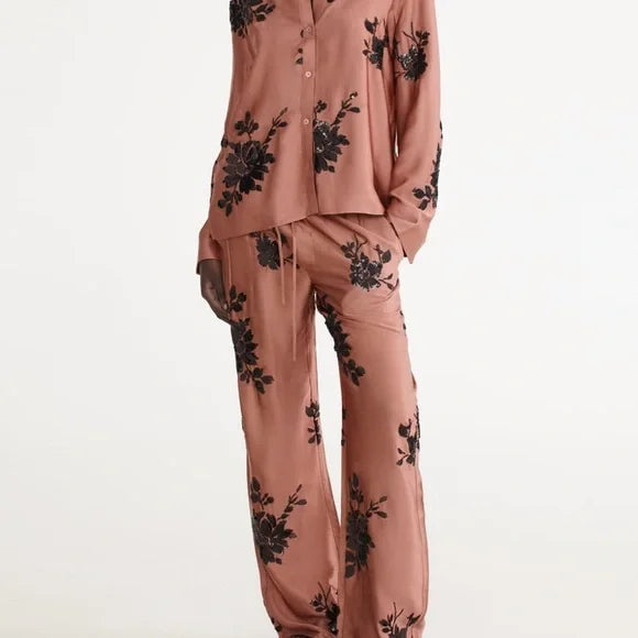 NNWM Women's loose straight satin pants, beige with flowers