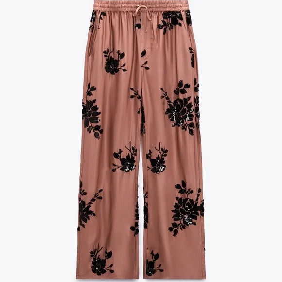 NNWM Women's loose straight satin pants, beige with flowers