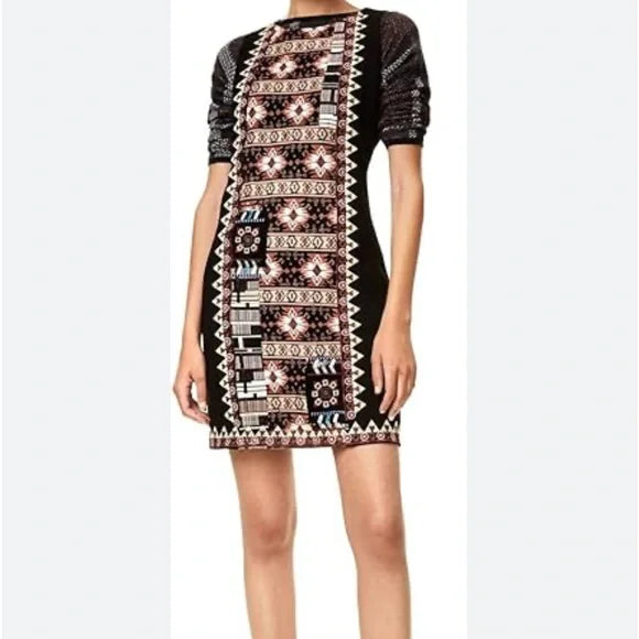 Women's short elastic dress Desigual, black with floral motifs
