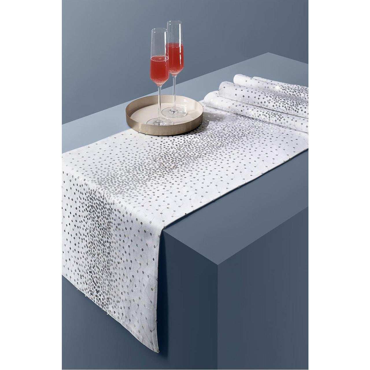 Cotton tablecloth 40x180 cm, white with sequins 