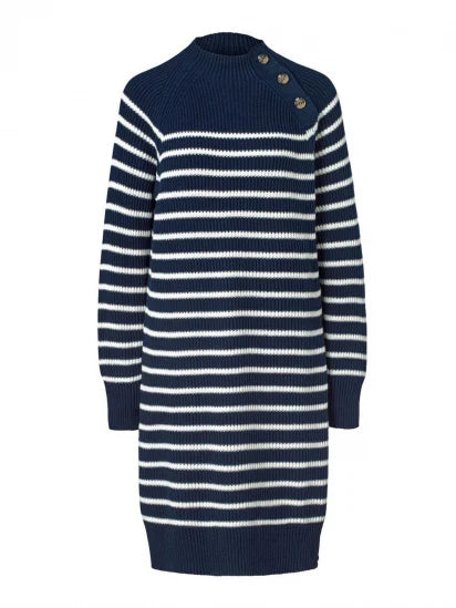 Плетена памучна плътна рокля с дълъг ръкав, синьо-бяла райе, S 36/38