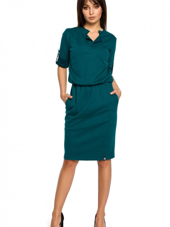 Be Wear Дамска памучна рокля с 3/4 дължина ръкав, зелена