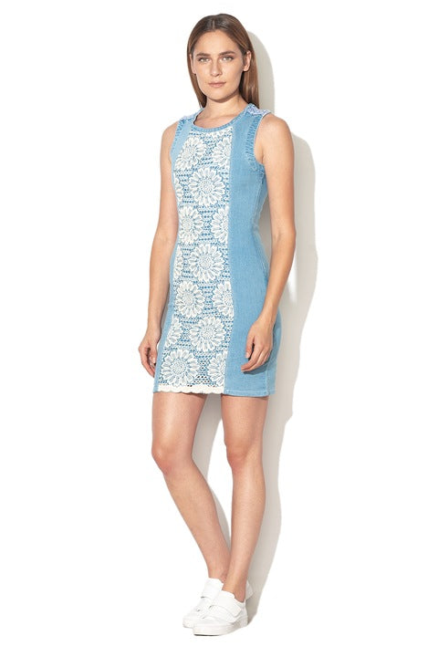 Desigual Women's cotton denim dress, blue with flower embroidery
