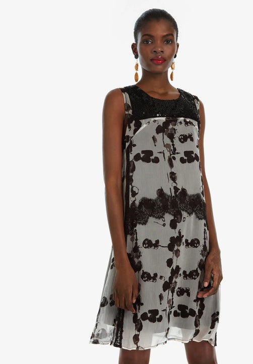 Desigual Women's elegant summer dress with sequins, black and white